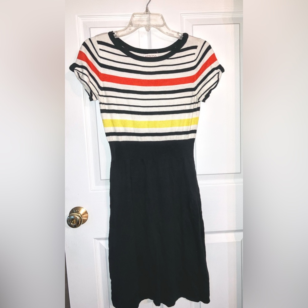 Vintage XS Black skirt/White/Yellow/Orange Stripe Top/Sweater Dress/Cap Sleeves